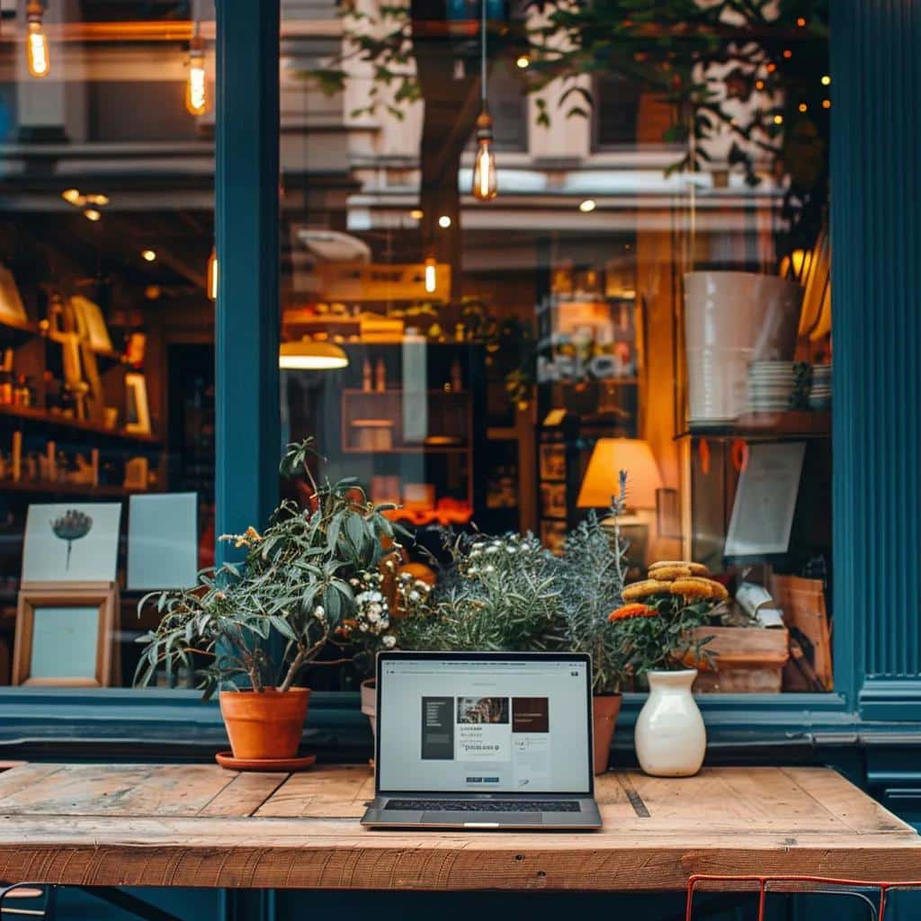 Local business storefront with a laptop displaying a well-designed website, emphasizing brand identity