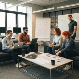 people sat around laptop