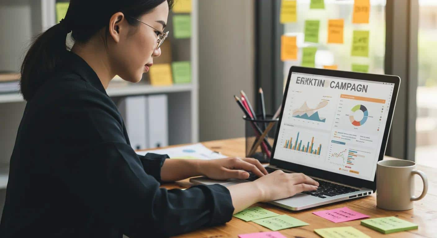 Marketer planning an email automation workflow on a laptop with charts