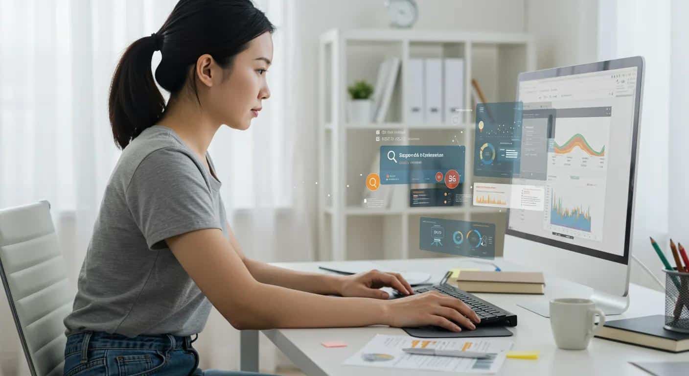 Person optimising a website for SEO using keyword tools and notes