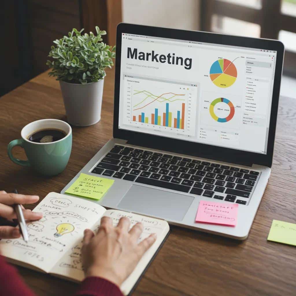 Small business owner analyzing digital marketing strategies with a laptop and notepad