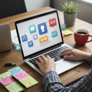 Small business owner developing a social media marketing strategy with a laptop and notepad