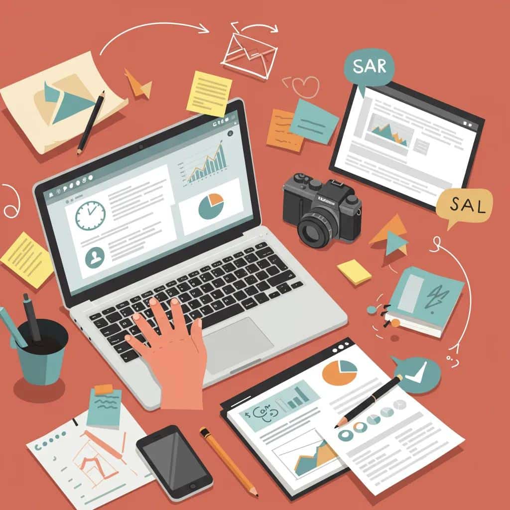 Small business owner using efficient content creation techniques at a desk