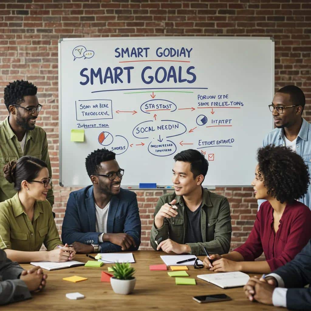 Small business team working on SMART social media goals in a meeting