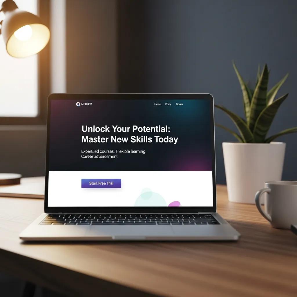 High-converting landing page design on a laptop in a modern workspace