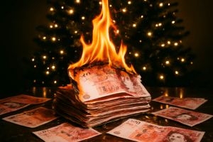 Christmas tree with money on fire