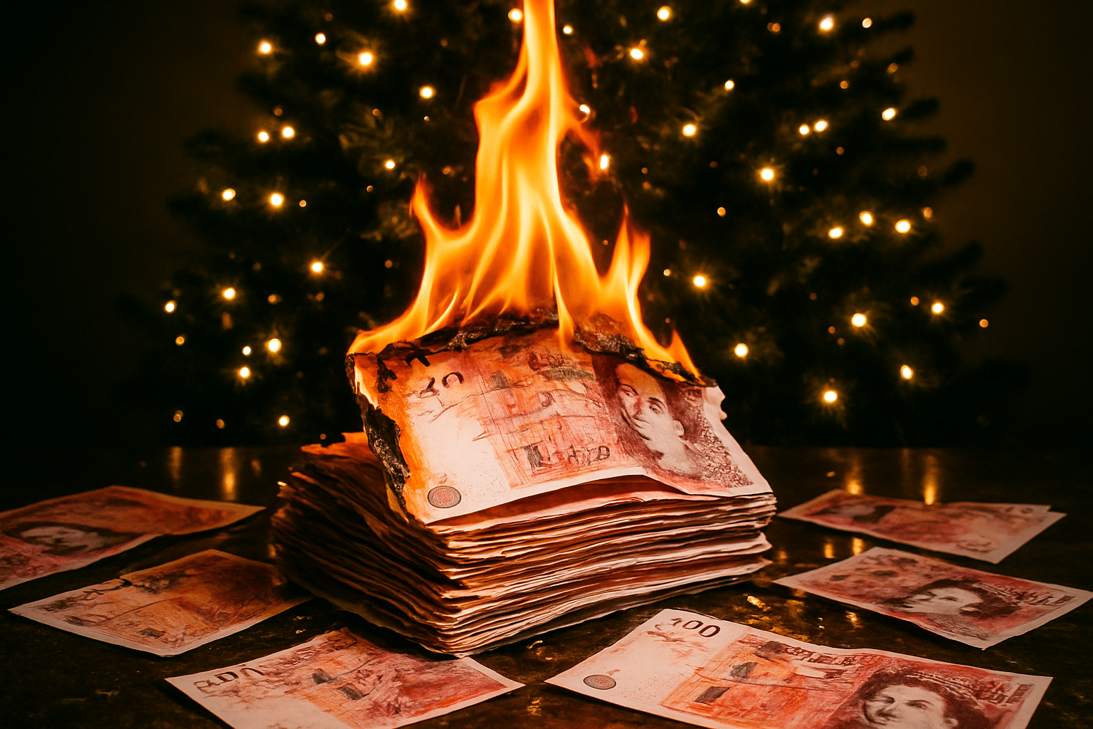 Christmas tree with money on fire