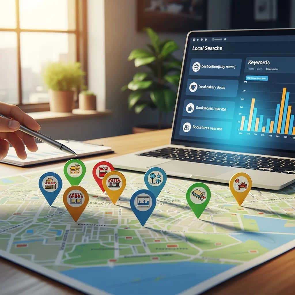 Map with pins marking local businesses and a laptop showing keyword data
