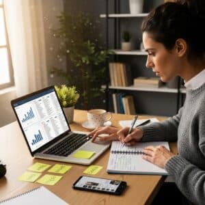 Small business owner analyzing keyword data on a laptop in a cozy office