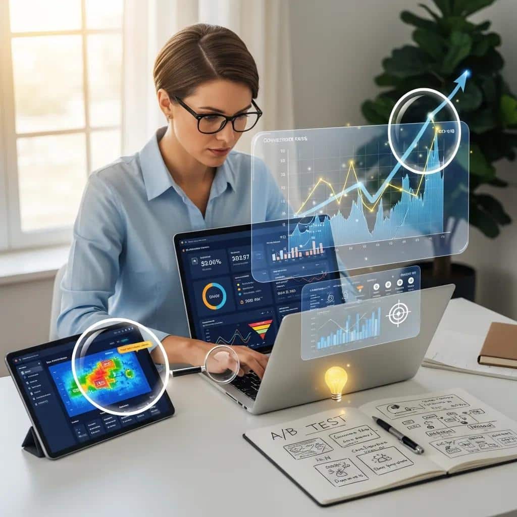 Small business owner analyzing website metrics for conversion rate optimisation