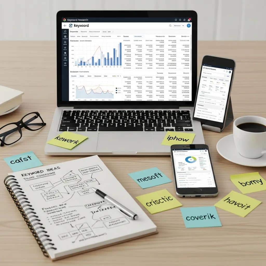 Desk showing keyword research tools and notes for a small business