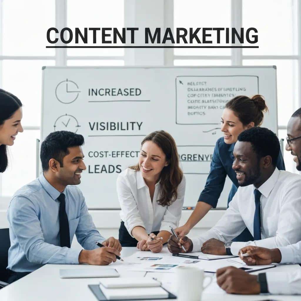 Small business team discussing content marketing benefits around a bright meeting table