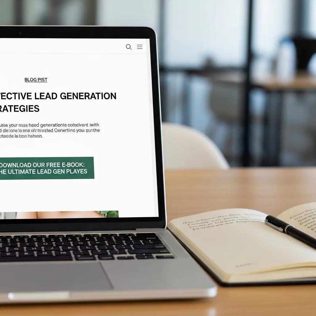 Close-up of a laptop screen with a blog post and a clear call-to-action button, showing how content converts visitors