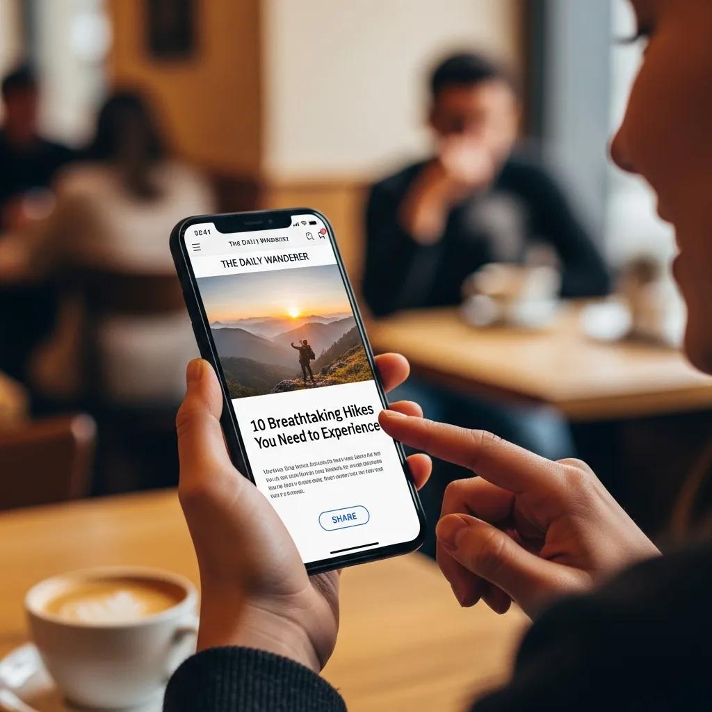 Person sharing a blog post from a smartphone in a café, showing how blog content spreads and drives visitors