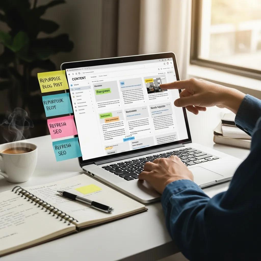 Person updating evergreen content on a laptop to keep it fresh