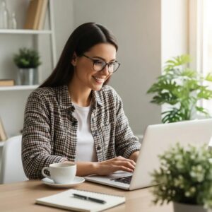 Small business owner working on a laptop in a cozy workspace, representing the benefits of blogging for business growth