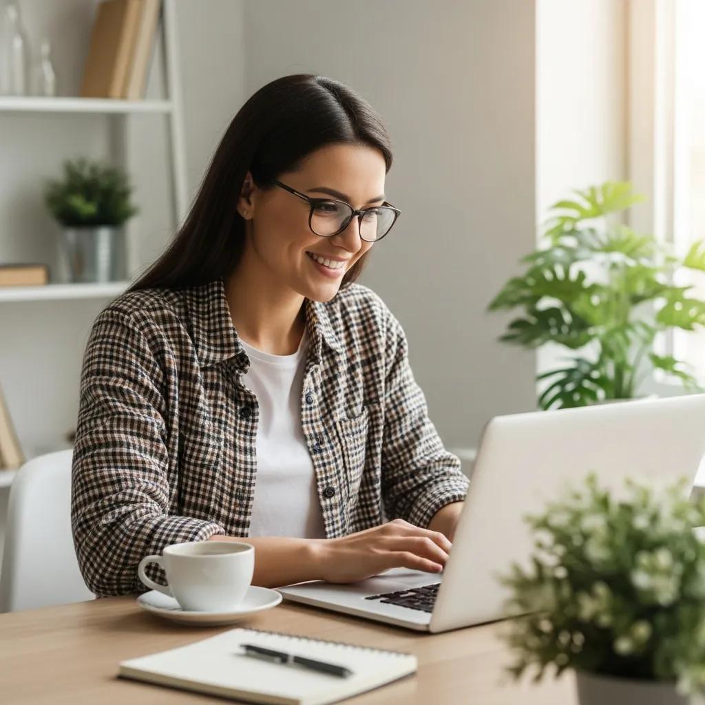 Small business owner working on a laptop in a cozy workspace, representing the benefits of blogging for business growth