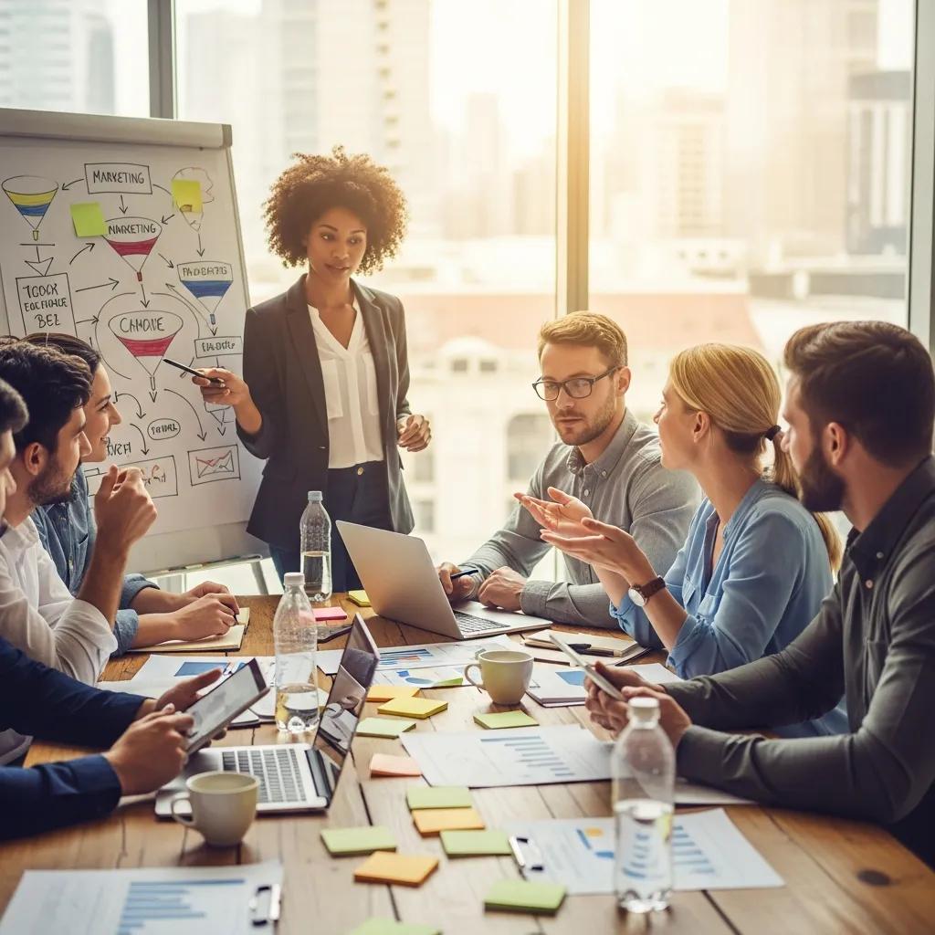 Small business team gathered at a table, brainstorming engagement ideas