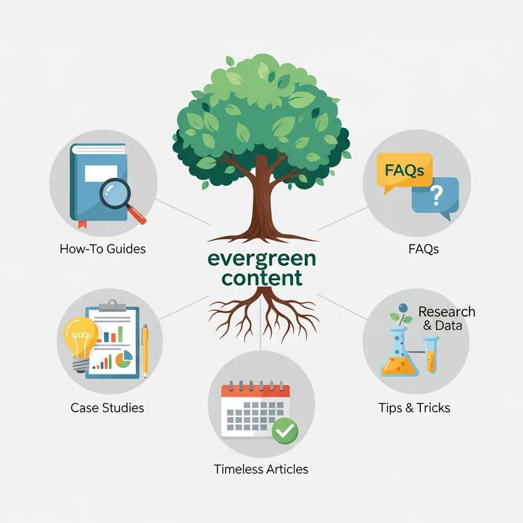 Illustration showing evergreen formats like how‑to guides, FAQs and case studies