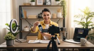 Small business owner filming a video in a cozy workspace, showcasing video marketing