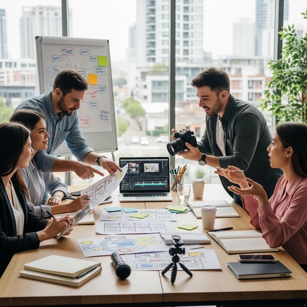 Small business team brainstorming video ideas in a modern office